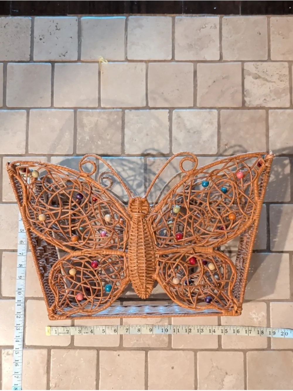 VTG Rare Wood Rattan Bamboo Butterfly Beaded Magazine Rack Holder MCM BOHO